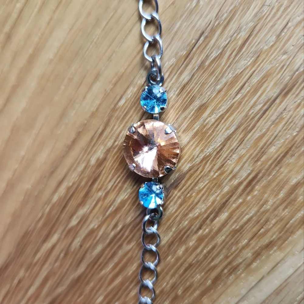 Blue & Orange Crystal Silver Chain Bracelet | Handmade